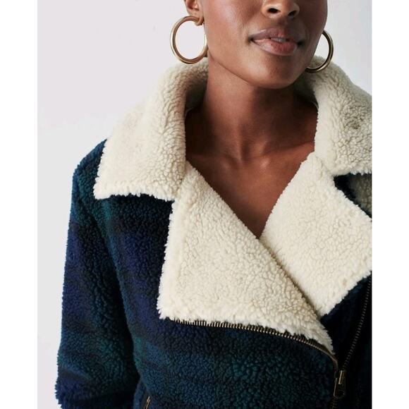 Faherty Montana Faux Shearling Coat Plaid Asymmetric Zip Moto Blue Sherpa XL - Picture 5 of 16